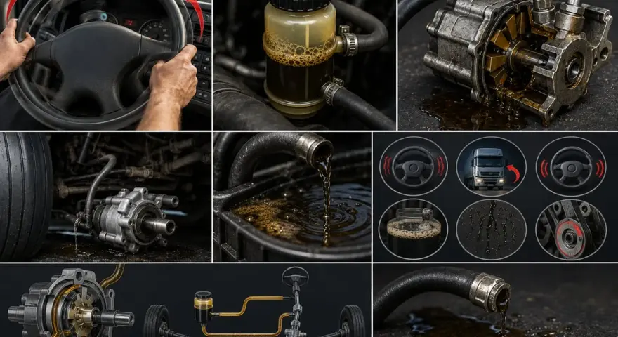Collage montrant le volant, la pompe de direction assistée, le liquide, et le système de direction d'un camion.