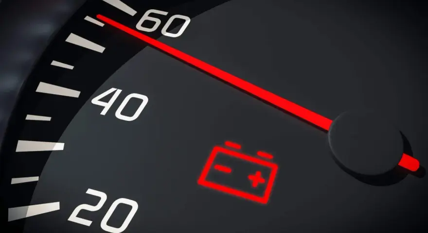 Tableau de bord d'une voiture avec le symbole batterie allumé en rouge, indiquant un problème de charge.