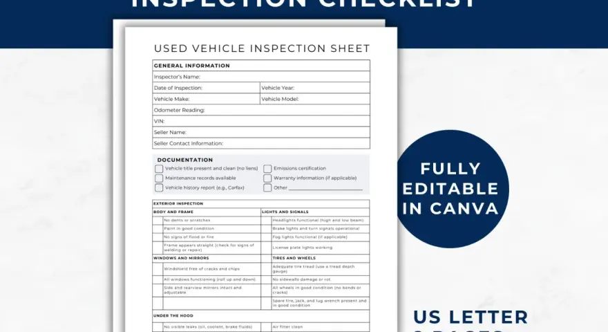 Document d'inspection de véhicule d'occasion, idéal pour un historique entretien voiture. Il détaille la carrosserie, les lumières, les pneus et le moteur.