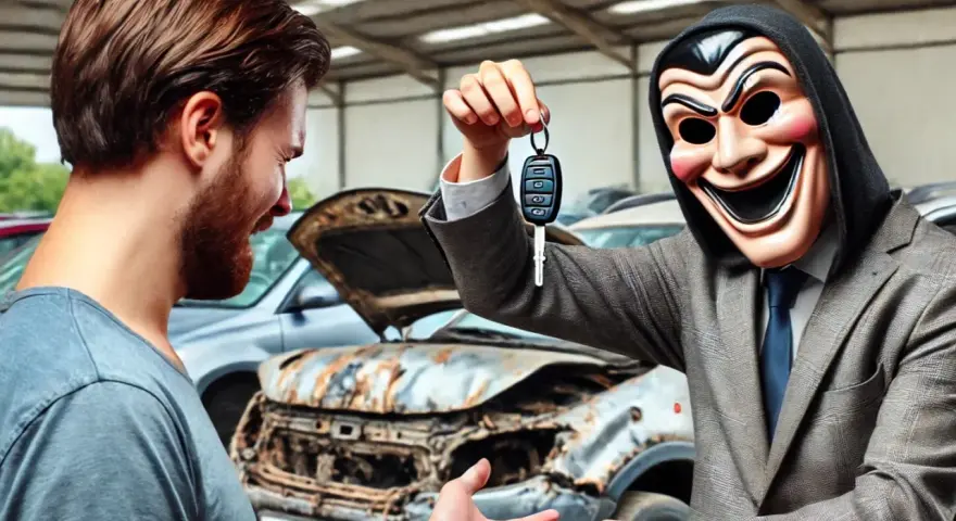 Un homme masqué offre des clés de voiture à un autre homme, devant une épave. C'est ça, le mandataire auto ?