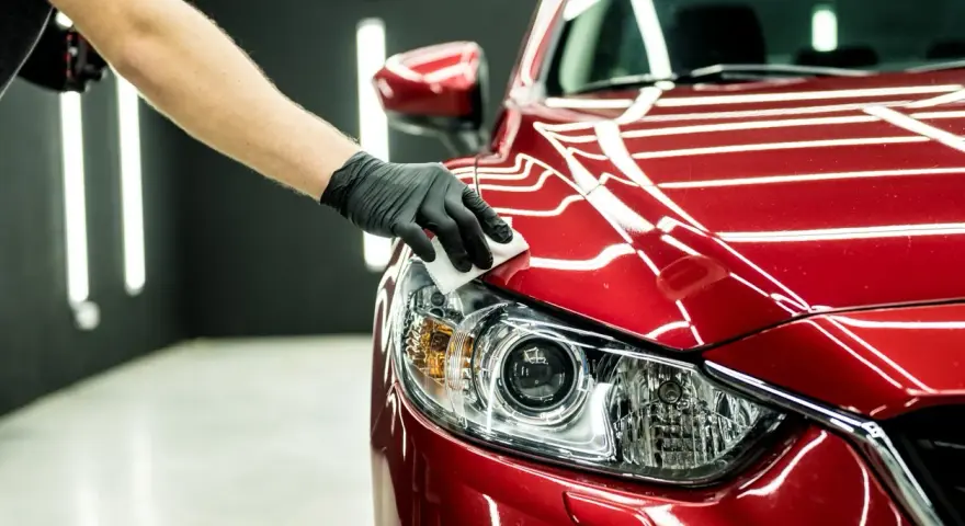 Main d'une personne gantée appliquant un produit sur le phare d'une voiture rouge. Une astuce de grand-mère pour faire briller une voiture.