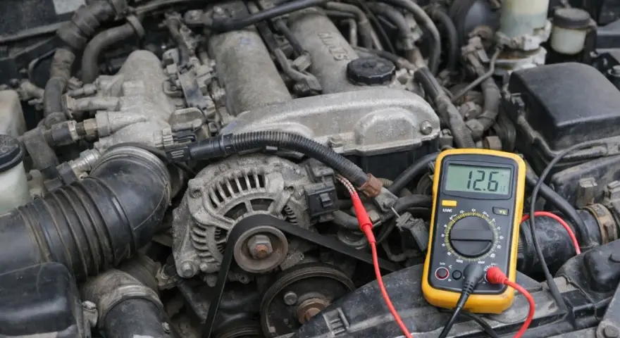 Multimètre jaune branché sur un moteur de voiture. L'écran affiche 12.6V, une mesure pour savoir si une batterie ne tient plus la charge.