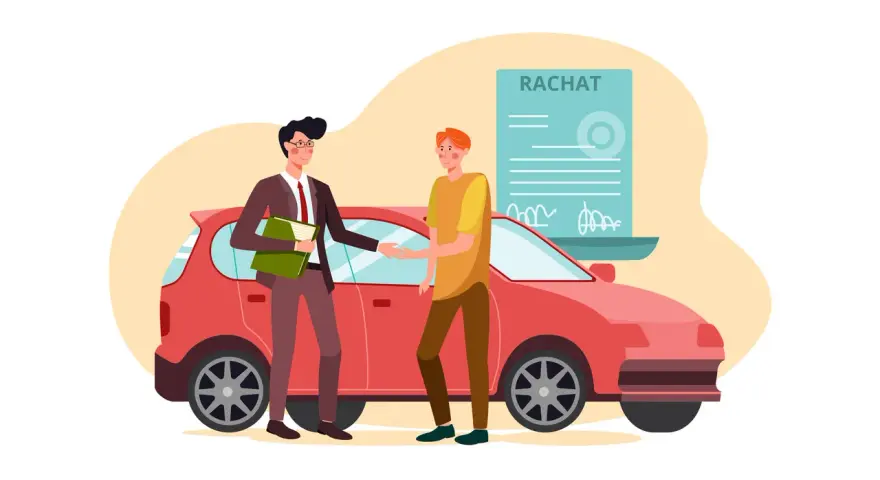 Un homme en costume serre la main d'un autre homme devant une voiture rouge. Un document intitulé "RACHAT" est visible, symbolisant la vente de voiture à un professionnel.