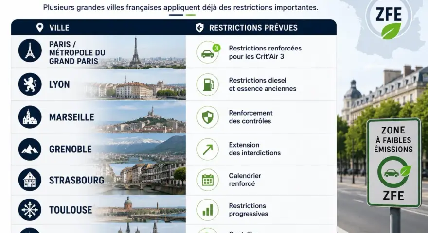 Liste des villes françaises concernées par les ZFE en 2026, avec des restrictions renforcées pour les Crit'Air 3.