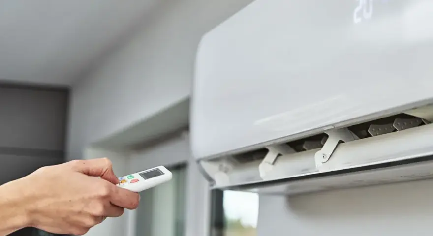 Main tenant utilise la télécommande pour régler la climatisation. Un problème climatisation voiture ? Ici, c'est pour une maison.
