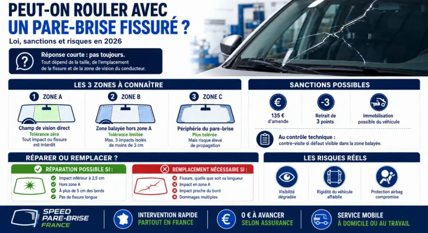 Un pare-brise fissuré peut entraîner une amende et un retrait de points au contrôle technique. La loi est stricte sur l'impact pare brise.