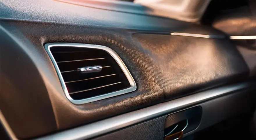 Tableau de bord d'une voiture avec une grille de ventilation chromée. La question "combien de temps dure une clim voiture" résonne dans l'habitacle climatisé.