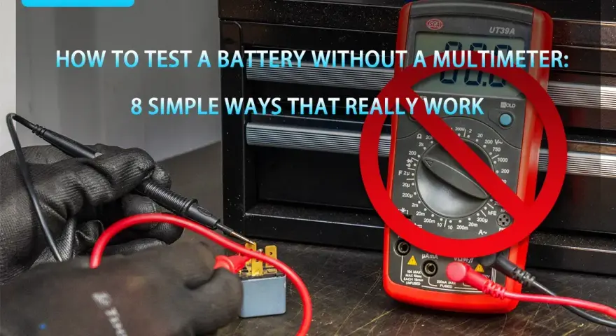 Comment tester une batterie sans multimètre : des mains gantées manipulent des fils rouges et noirs connectés à un relais. Un multimètre est barré d'un cercle rouge.