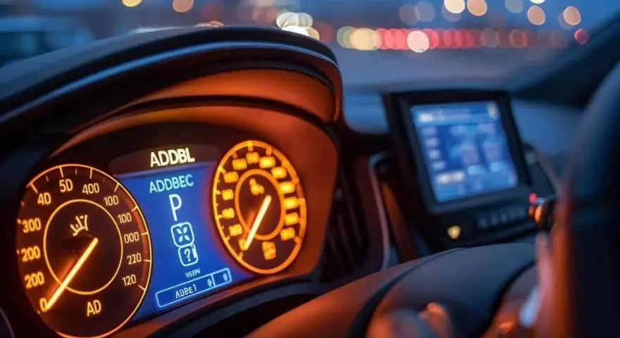 Tableau de bord d'une esp voiture illuminé la nuit, affichant la vitesse et le mode parking.