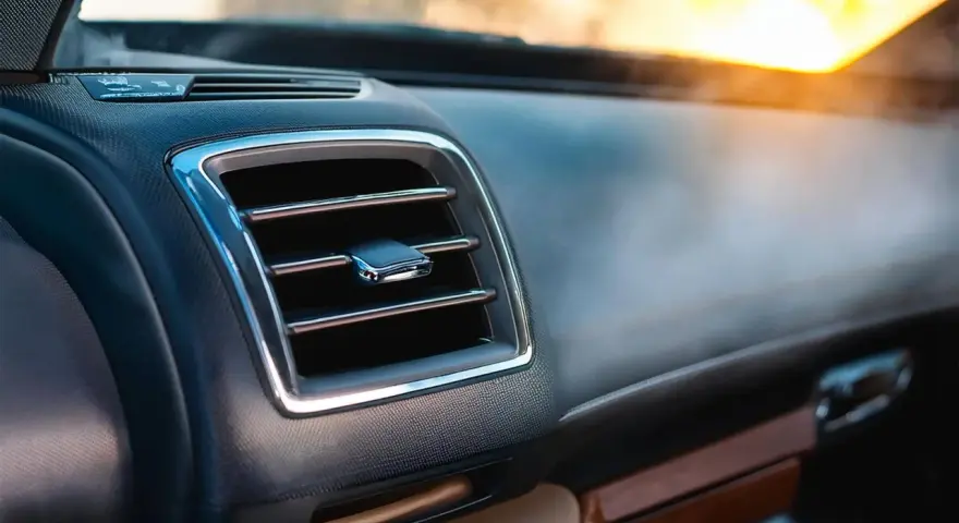 Le tableau de bord d'une voiture moderne, avec une grille de ventilation chromée. L'AC, ou climatisation, permet de réguler la température intérieure.