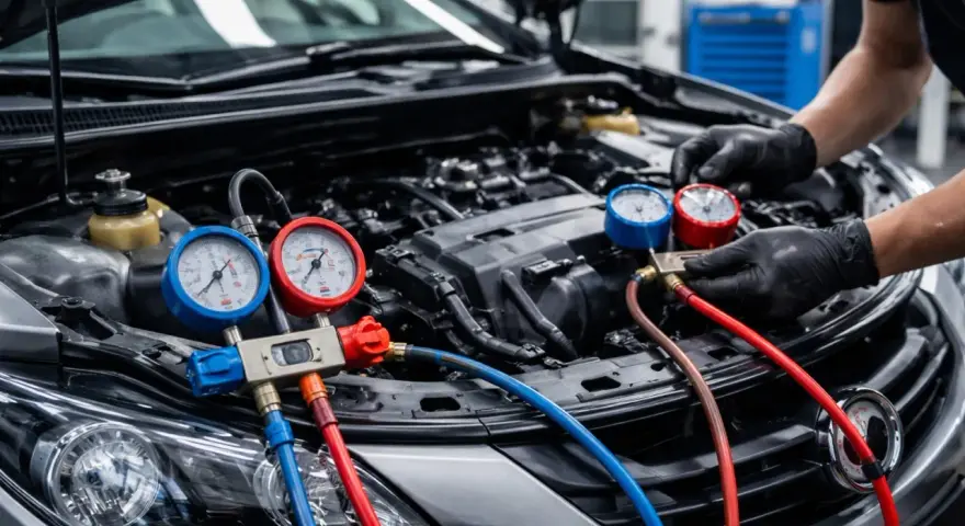 Un mécanicien vérifie la pression du système de climatisation d'une voiture avec des manomètres. La durée de recharge clim est cruciale pour son bon fonctionnement.