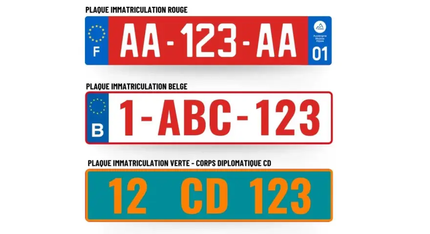 Plaque immatriculation rouge française "AA-123-AA" avec logo régional, plaque belge "1-ABC-123", et plaque diplomatique verte "12 CD 123".