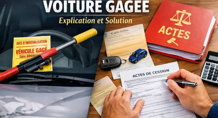 Volant avec un avis "Véhicule gagé", une carte grise, une petite voiture bleue, des actes de cession et un livre rouge "Actes".