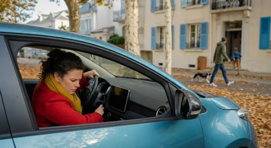 Femme frustrée tentant de démarrer sa voiture, un problème électrique voiture probable. En arrière-plan, un homme promène son chien.