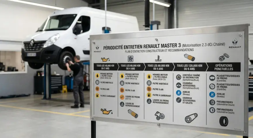 Tableau d'entretien pour un Renault Master 3 : ce qu'il faut savoir pour la révision. Il détaille les opérations selon le kilométrage et l'âge du véhicule.