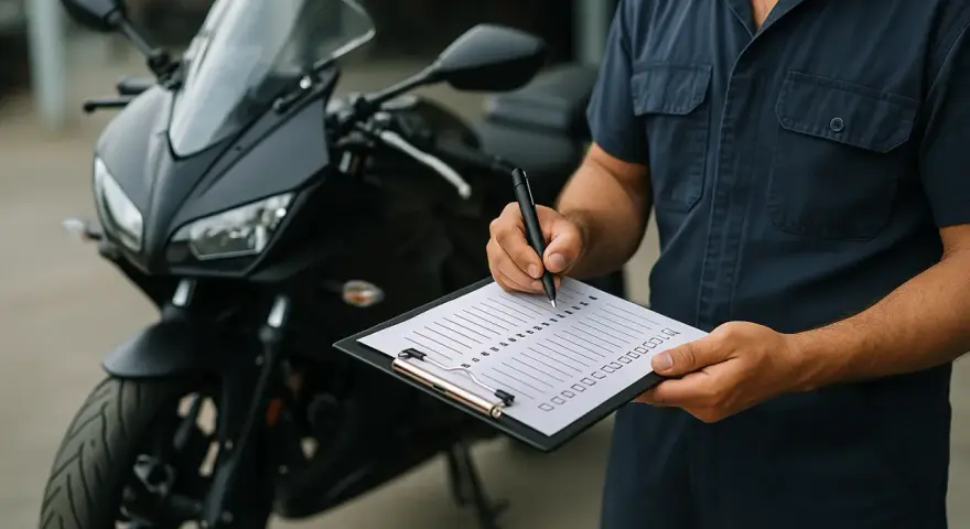 Un technicien remplit une liste pour le contrôle technique d'une mobylette noire, assurant sa sécurité.