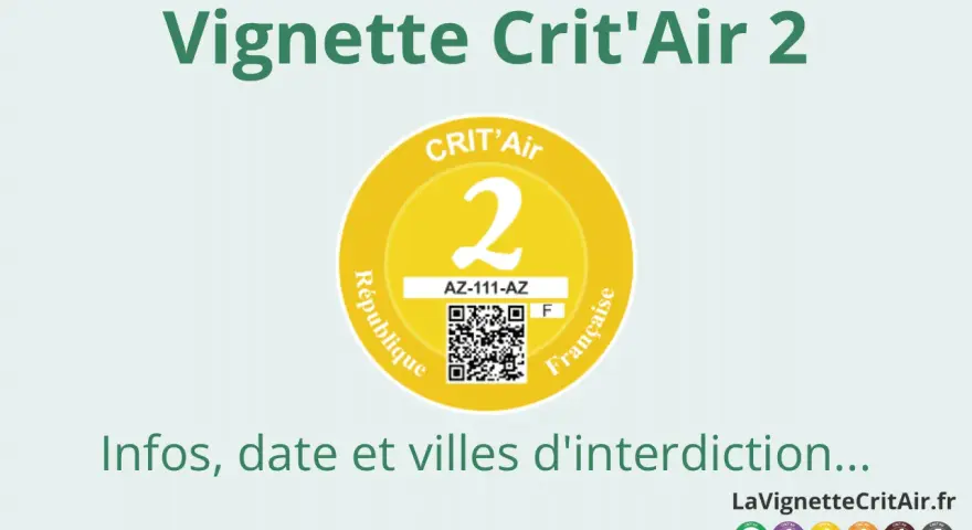 Vignette Crit'Air 2, symbole de la ZFE Paris. Infos sur le calendrier Crit'Air et les villes d'interdiction.