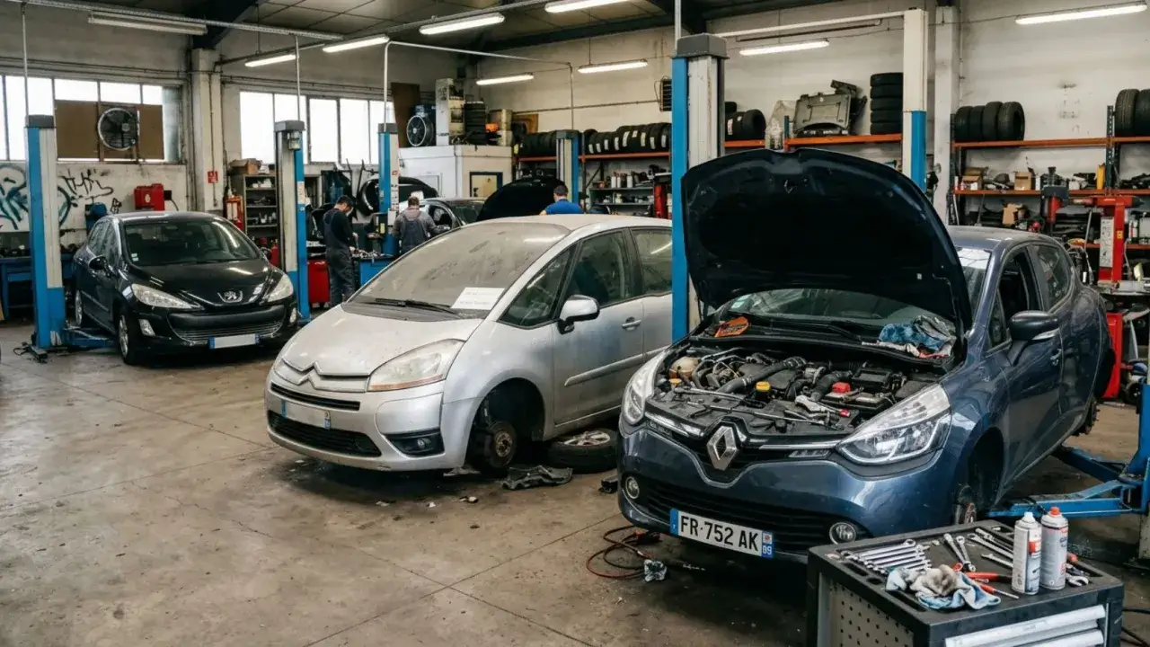 Dans un garage, trois voitures sont sur des ponts &eacute;l&eacute;vateurs. L'une est ouverte, moteur apparent. On se demande combien de temps une voiture peut rester sans rouler.