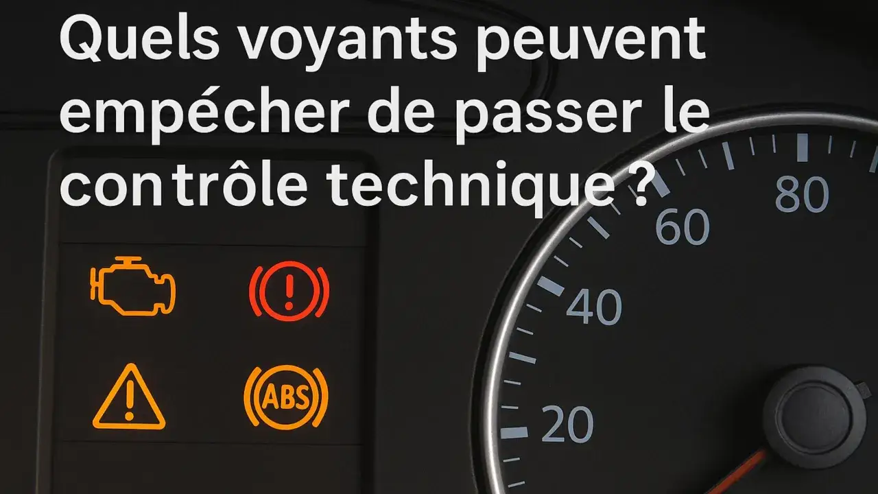 Tableau de bord avec voyants allumés : moteur, ABS, freinage. Ces témoins peuvent empêcher le passage du contrôle technique.