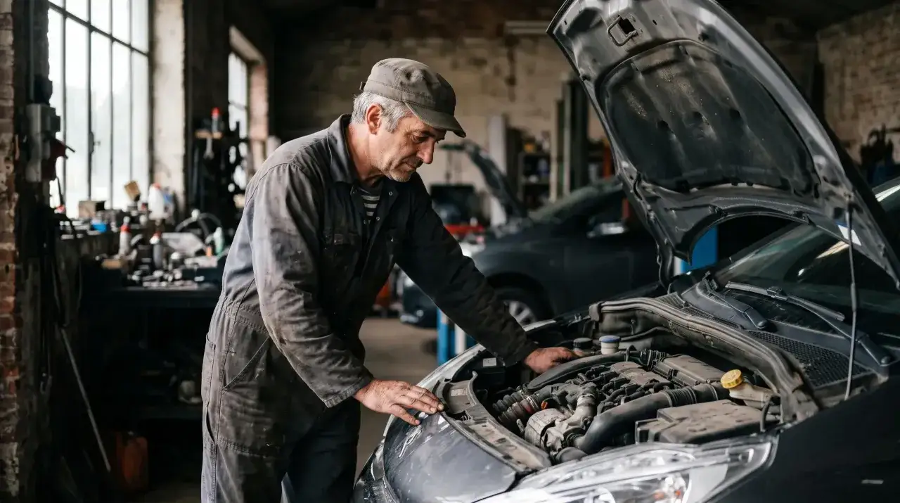 Mécanicien concentré sur le moteur d'une voiture, une scène typique pour entretenir sa voiture dans un atelier.