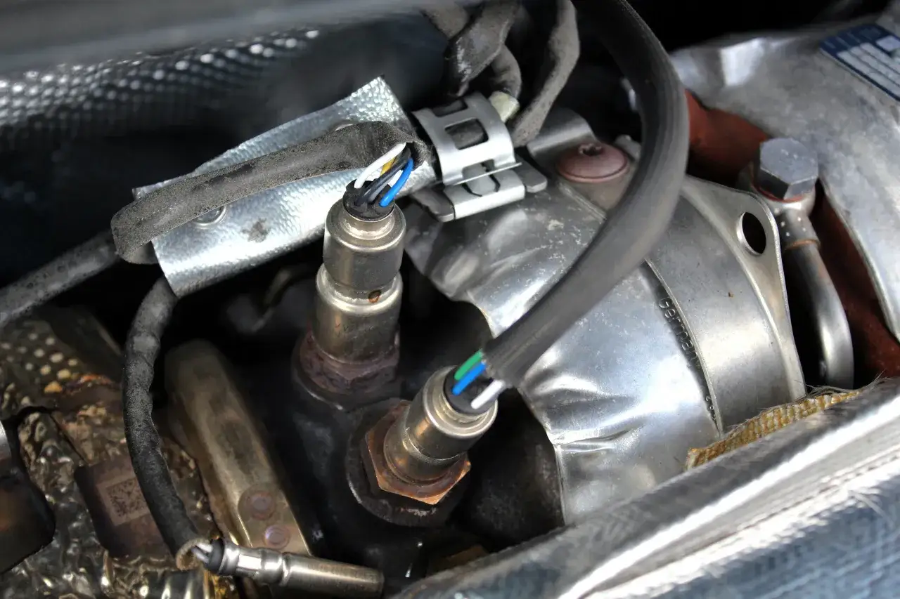 Deux sondes lambda, c&acirc;blage visible, dans un compartiment moteur. Le nettoyage de la sonde lambda est essentiel pour une bonne combustion.