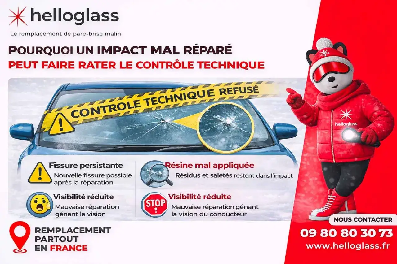 Un impact mal réparé sur un pare-brise peut faire rater le contrôle technique. Découvrez pourquoi et comment Hellowglass peut vous aider.