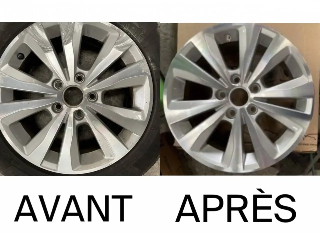 Jante alu avant/apr&egrave;s : le r&eacute;sultat d'un enlever rayure r&eacute;ussi.