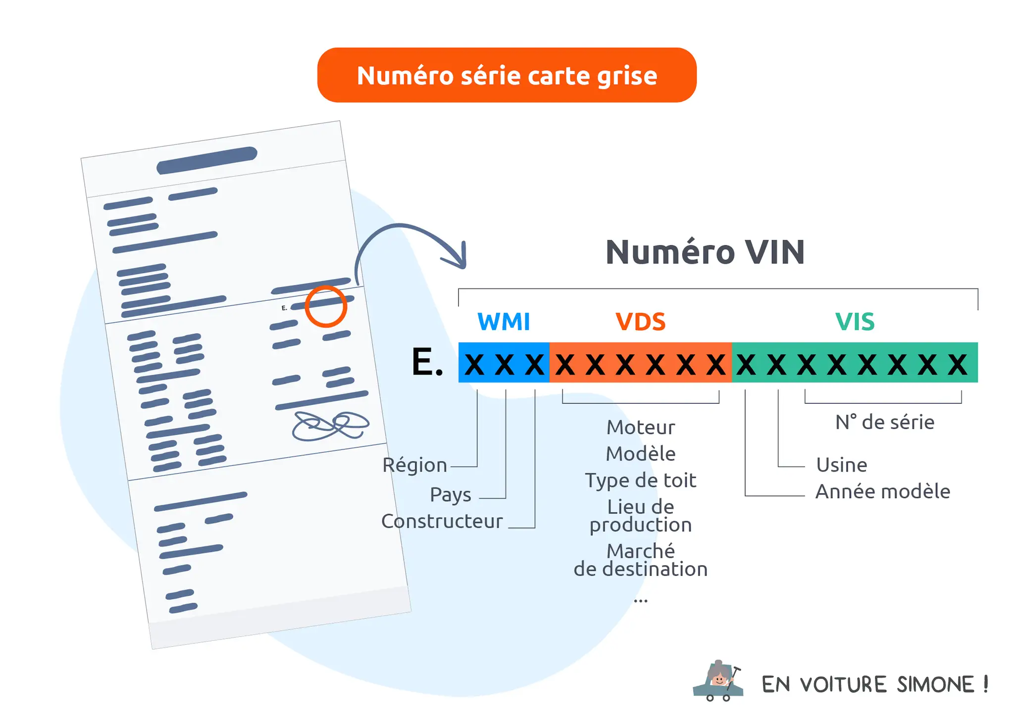 Explication du numéro VIN sur une carte grise. Le numéro de série du véhicule, essentiel pour l'histovec vin, est décortiqué en WMI, VDS et VIS.