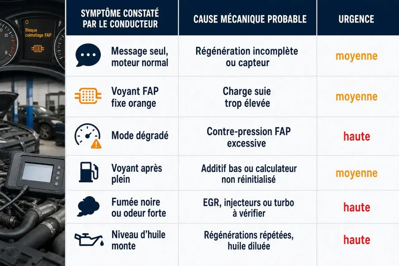 Tableau des sympt&ocirc;mes de &eacute;chappement bouch&eacute; : voyant FAP, fum&eacute;e noire, mode d&eacute;grad&eacute;, etc., avec causes et urgence.