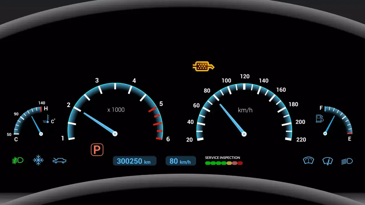 Tableau de bord avec voyant de filtre &agrave; gasoil encrass&eacute; allum&eacute;. Le compteur indique 300250 km et 80 km/h.