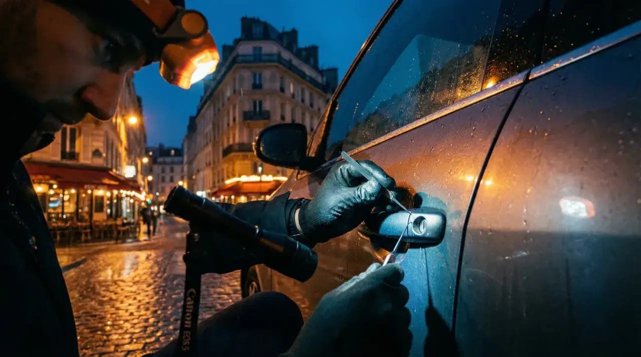 Un homme avec une lampe frontale tente d'ouvrir une voiture dans une rue pavée la nuit, car il a perdu sa clé de voiture sans double.