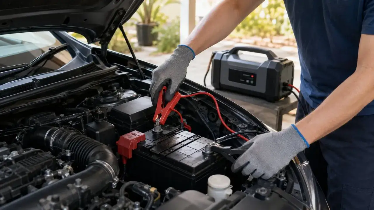 Main tenant les pinces rouges et noires pour recharger batterie voiture. Un appareil de démarrage est visible en arrière-plan.