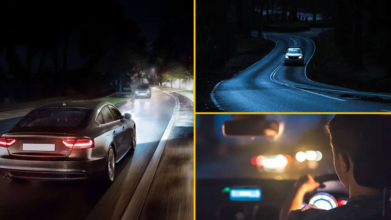 Conduite de nuit : un feu de croisement de voiture &eacute;claire la route mouill&eacute;e, un autre v&eacute;hicule s'approche, et une vue depuis l'int&eacute;rieur du v&eacute;hicule.