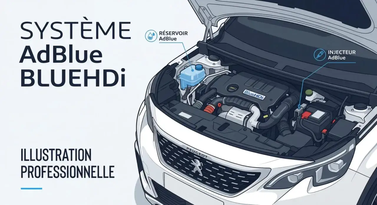 Illustration du système AdBlue BlueHDi d'une Peugeot, montrant le réservoir et l'injecteur. Utile pour comprendre un problème AdBlue Peugeot.
