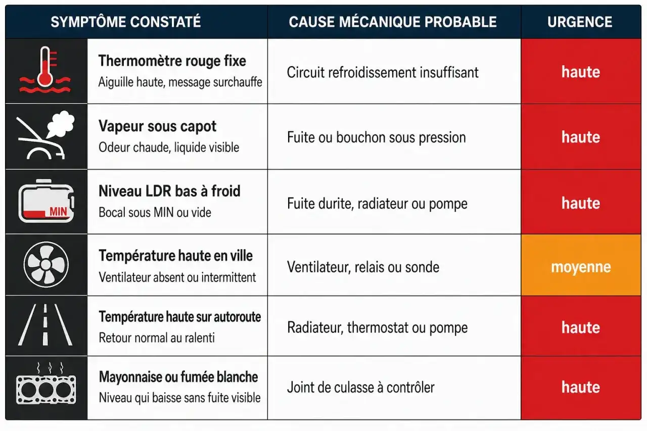 Tableau des symptômes de surchauffe moteur : thermomètre rouge, vapeur, niveau bas LDR, température haute en ville/autoroute, mayonnaise/fumée blanche. Causes et urgence indiquées.