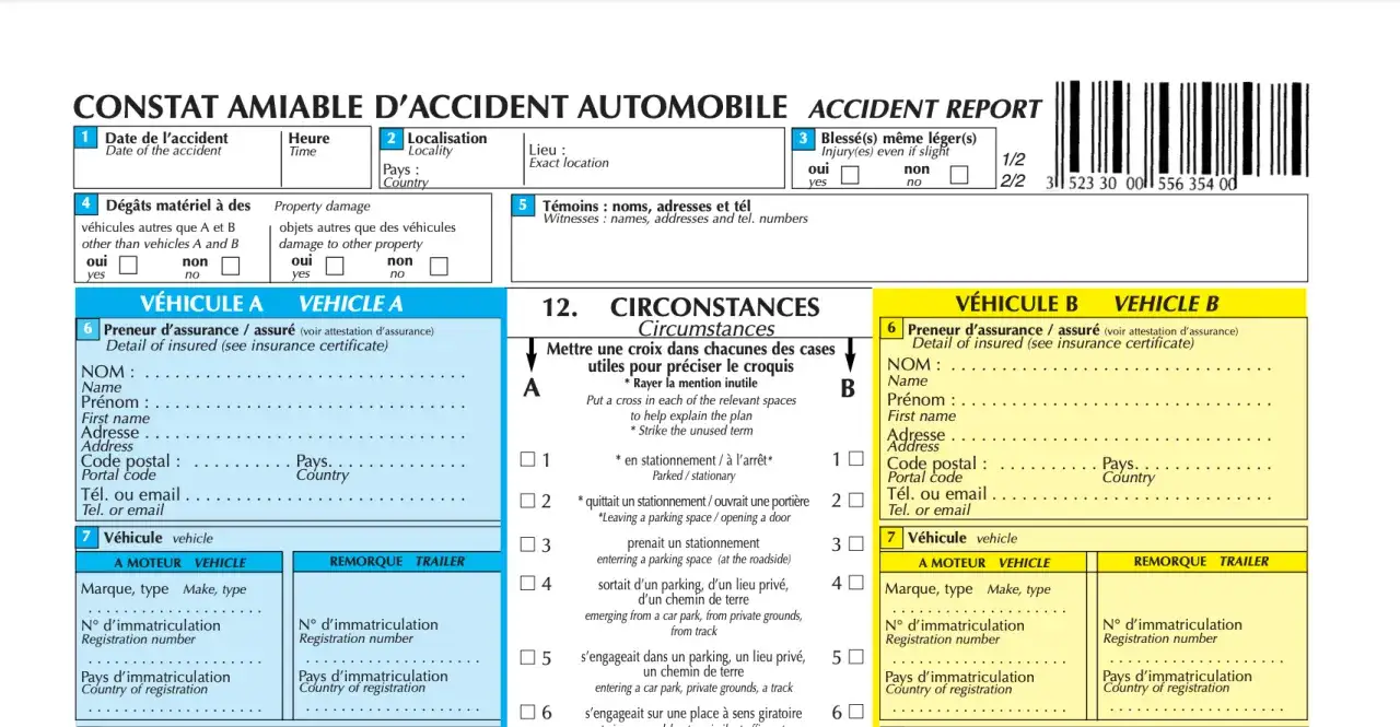 Constat amiable d'accident automobile. Le formulaire permet de renseigner les d&eacute;tails de l'accident, les v&eacute;hicules impliqu&eacute;s, les circonstances et les t&eacute;moins. Le d&eacute;lai constat&eacute; pour la d&eacute;claration est important.