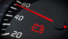 Tableau de bord d'une voiture avec le symbole batterie allumé en rouge, indiquant un problème de charge.