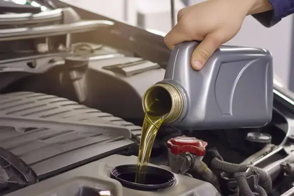 Main d'une personne versant de l'huile moteur d'un bidon gris dans le compartiment moteur d'une voiture. La question est : combien de litre huile moteur ?