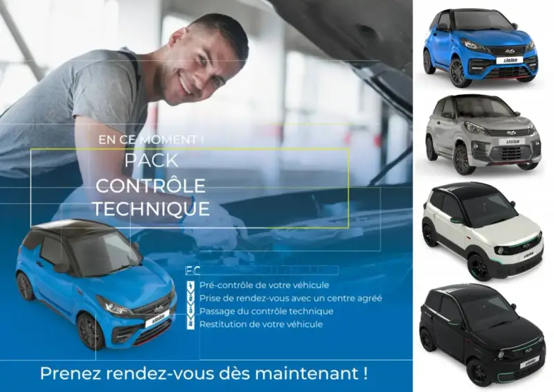Pack contrôle technique voiture sans permis : pré-contrôle, RDV, passage et restitution. Plusieurs modèles Ligier présentés.