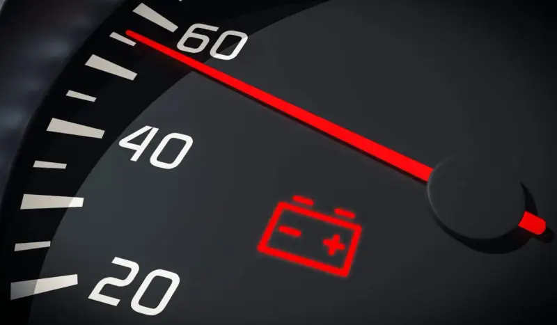 Tableau de bord d'une voiture avec le symbole batterie allumé en rouge, indiquant un problème de charge.