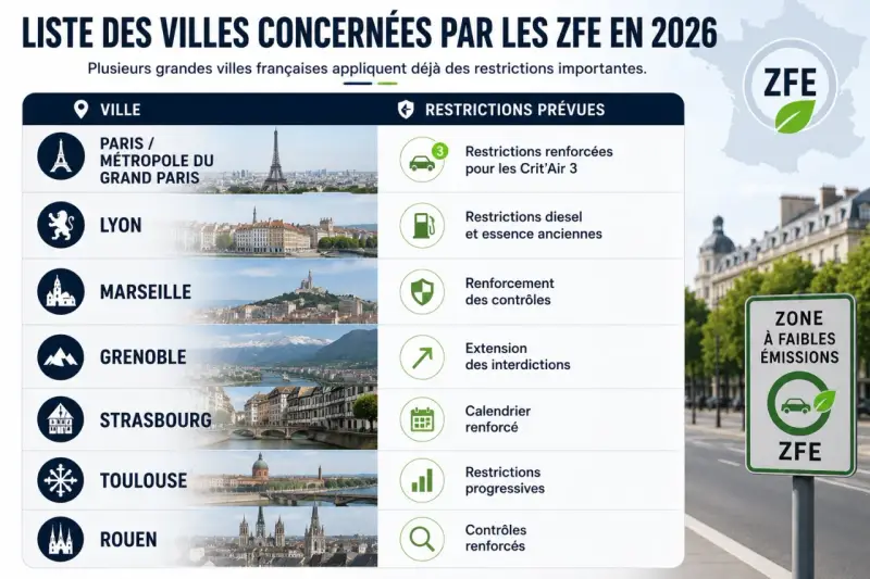 Liste des villes françaises concernées par les ZFE en 2026, avec des restrictions renforcées pour les Crit'Air 3.