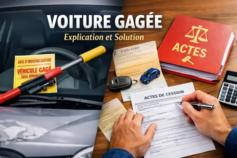 Volant avec un avis "Véhicule gagé", une carte grise, une petite voiture bleue, des actes de cession et un livre rouge "Actes".